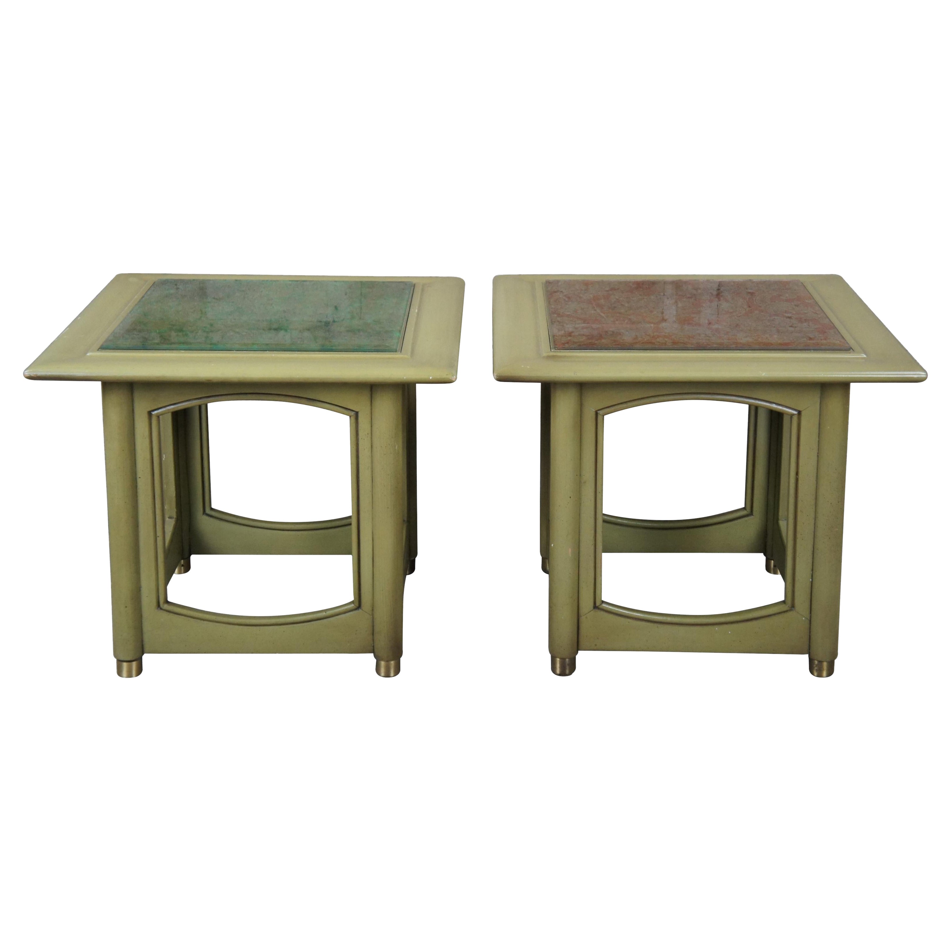 2 Hekman Distressed Green French Brocade Glass Top Side Accent Cocktail Tables For Sale