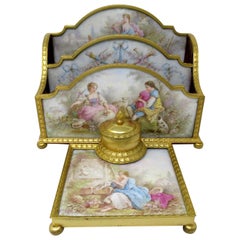 Antique French Sevres Ormolu Gilt Bronze Dore Letters Holder Inkwell Desk Set