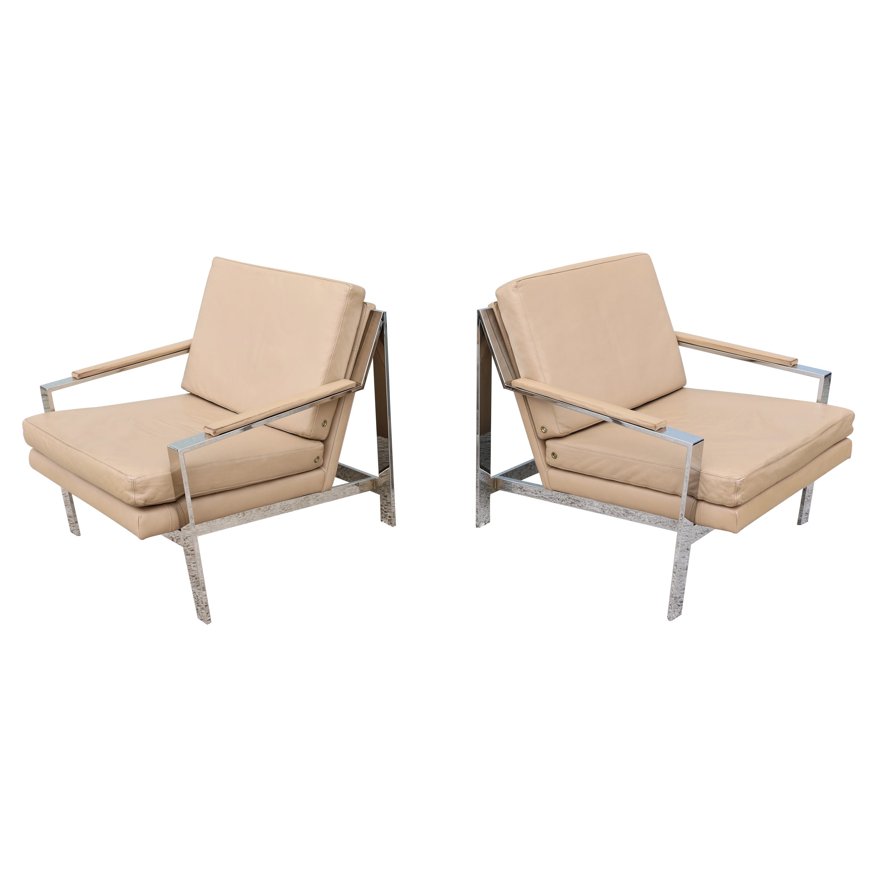 Vintage Cy Mann Leather and Chrome Lounge Chairs in Milo Baughman Style, a Pair For Sale