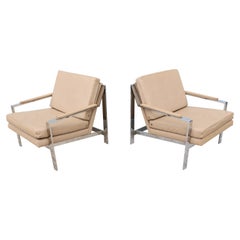 Retro Cy Mann Leather and Chrome Lounge Chairs in Milo Baughman Style, a Pair
