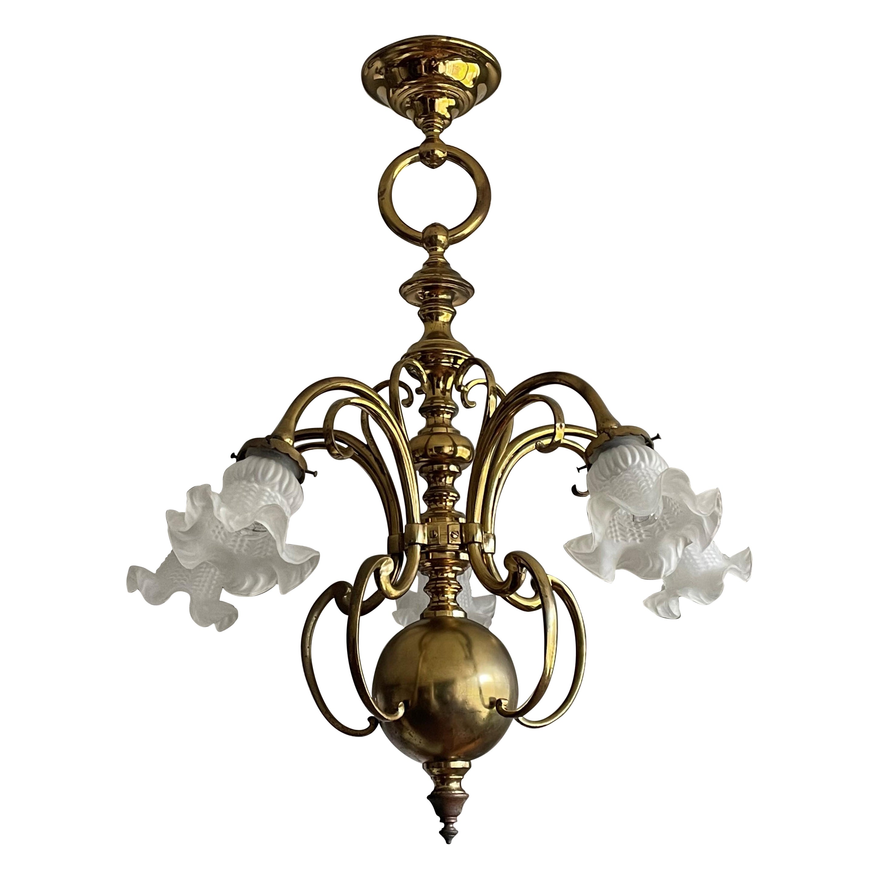 Elegant & Super Stylish Bronze & Brass Art Nouveau Chandelier w. Glass Shades For Sale