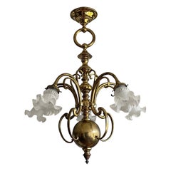 Antique Elegant & Super Stylish Bronze & Brass Art Nouveau Chandelier w. Glass Shades