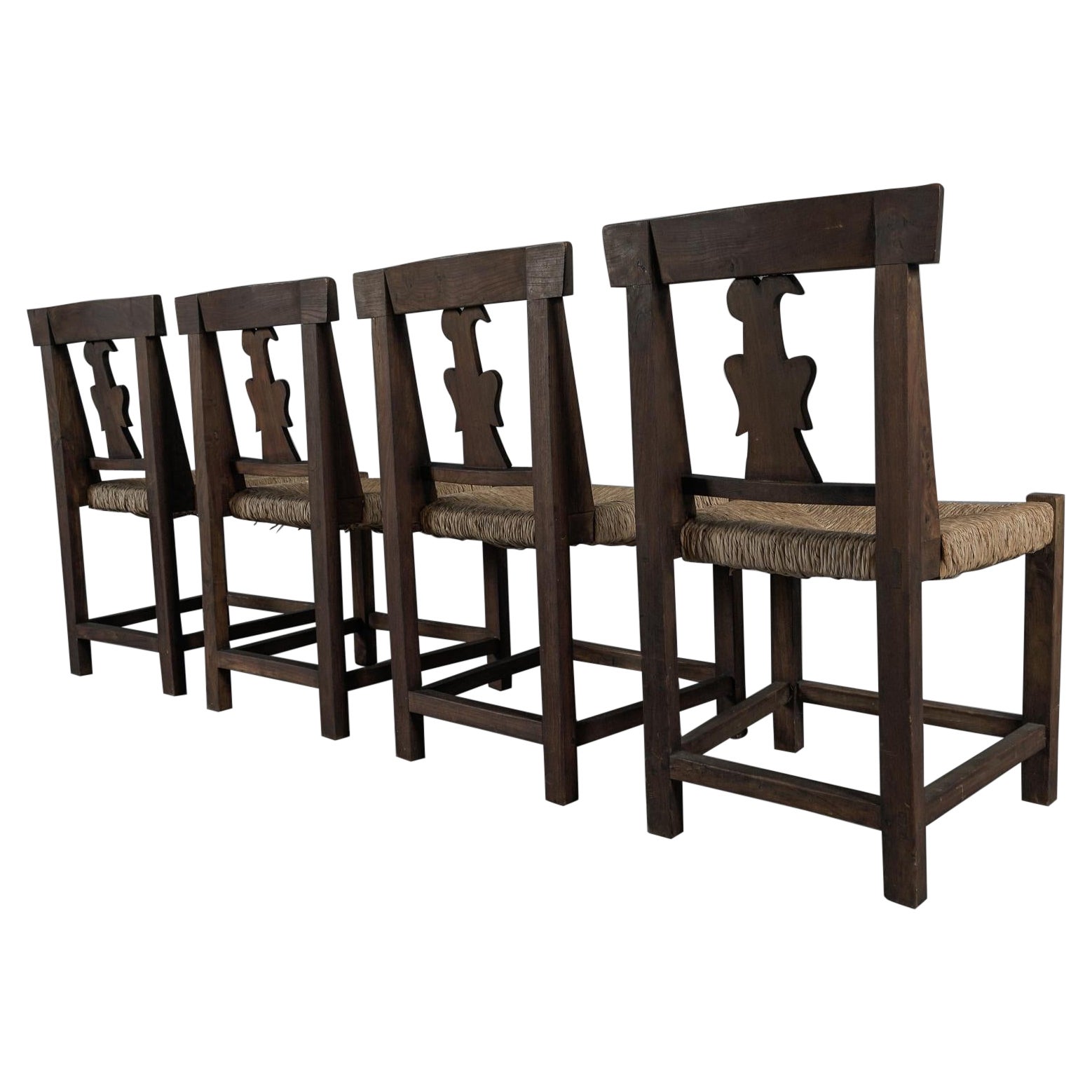 Set of 4 French Provincial Wood & Seagrass Chairs, 1960s Mid-Century Modern For Sale
