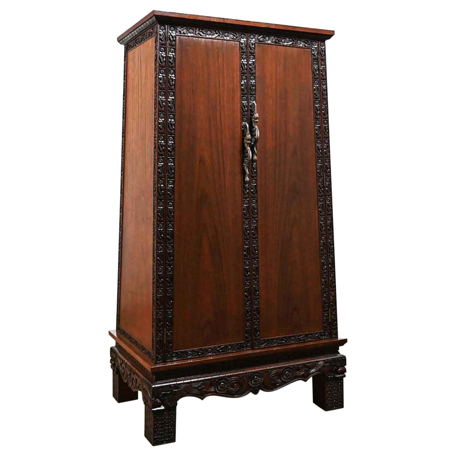 Chinoiserie Hand Carved Rosewood Trapezoid Armoire Cabinet from Bangkok Thailand For Sale