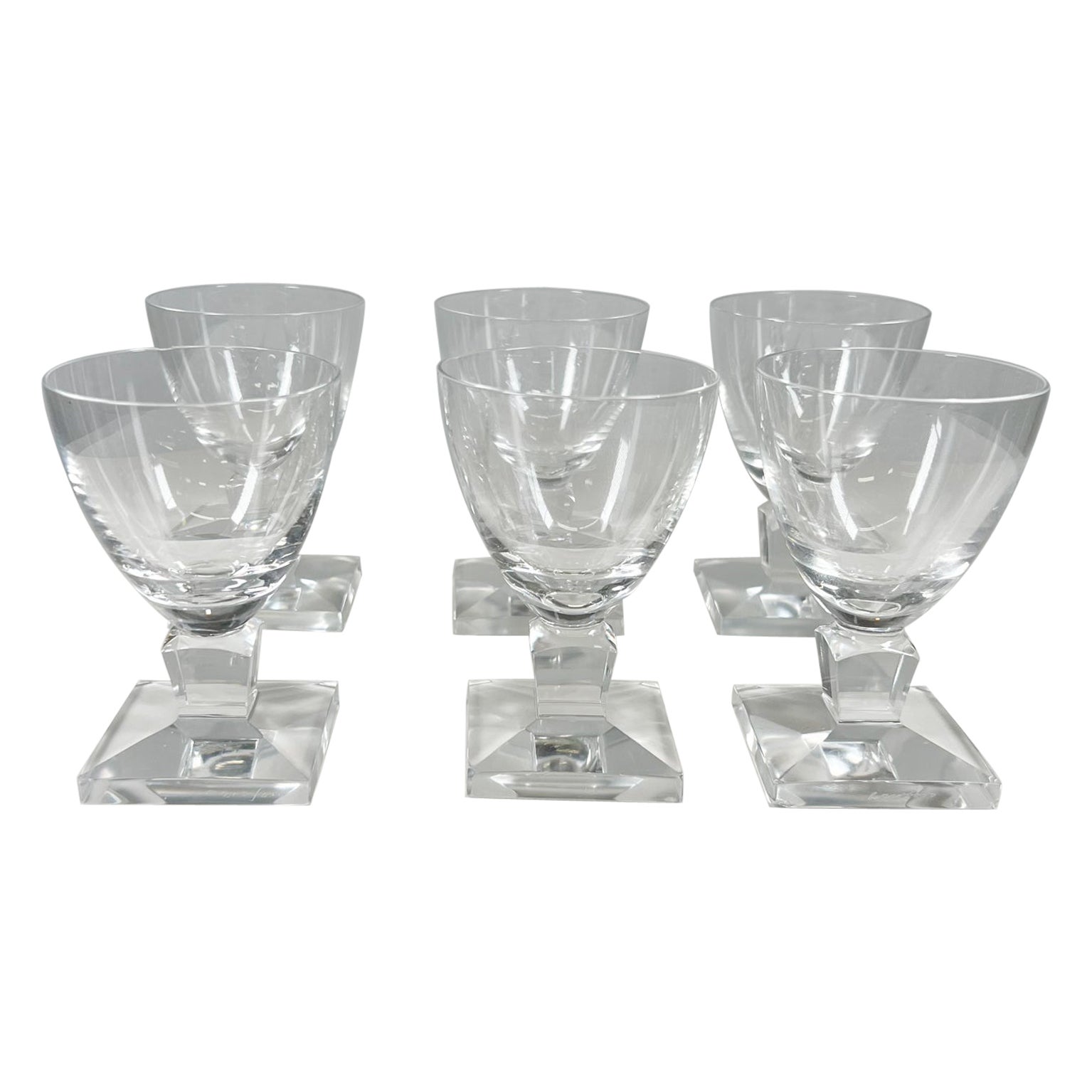 French Vintage Handcraft Set of Six Crystal Wine Glasses Style of Lalique  at 1stDibs