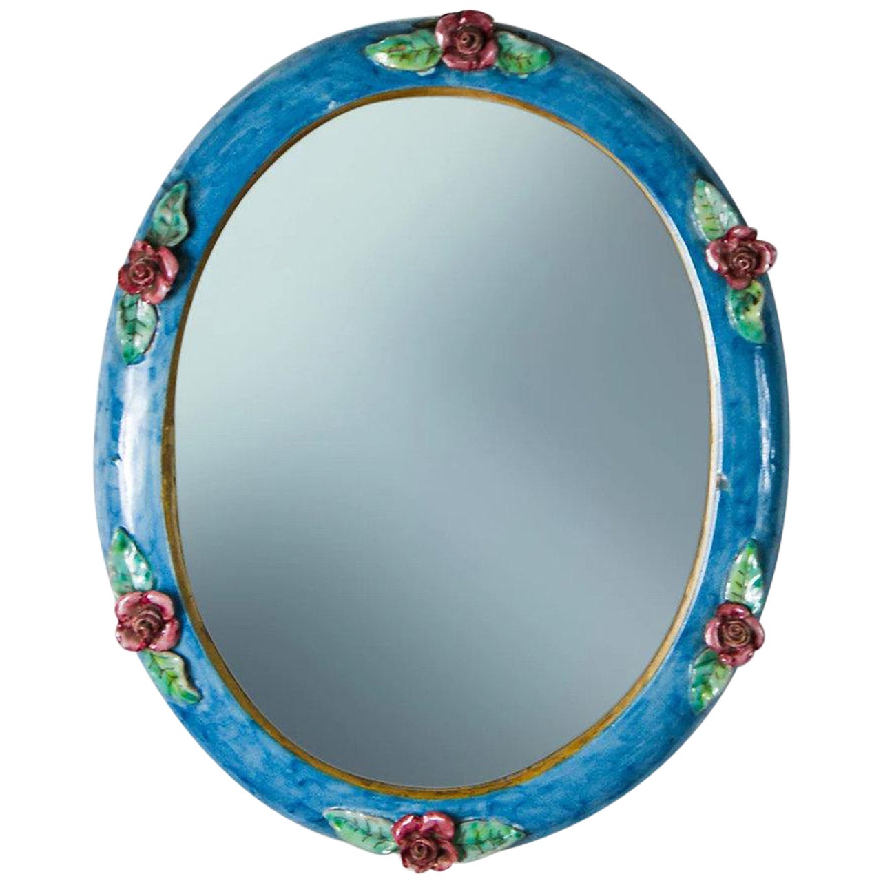C.A.S Vietri Italy Ceramic Wall Mirror with Flower Applique For Sale