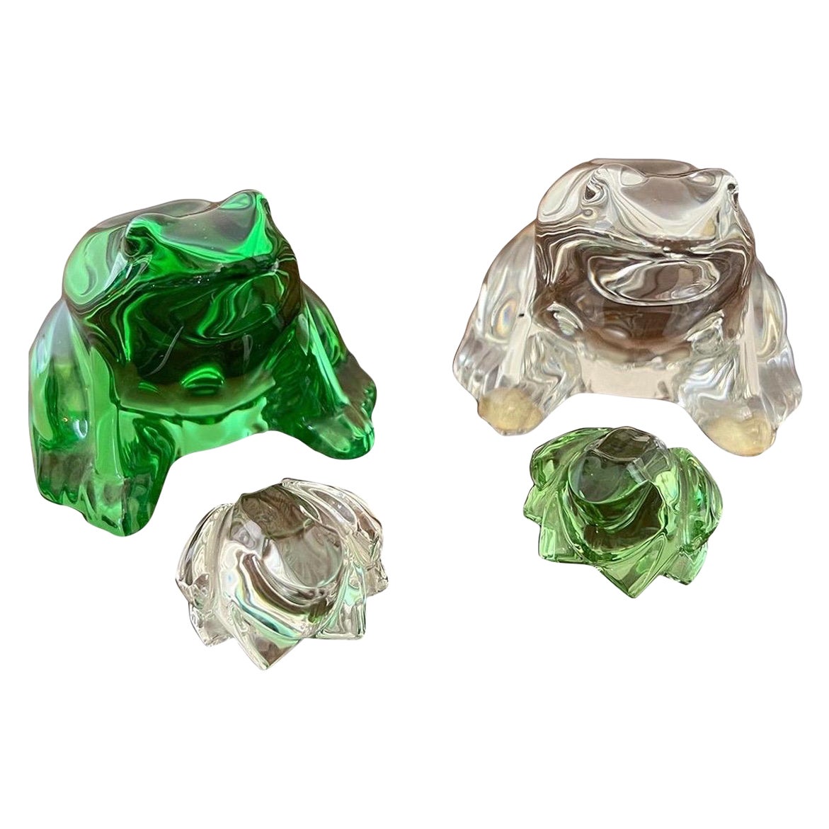 Baccarat France Crystal Frog Family in Green & Clear - 4 Piece Set