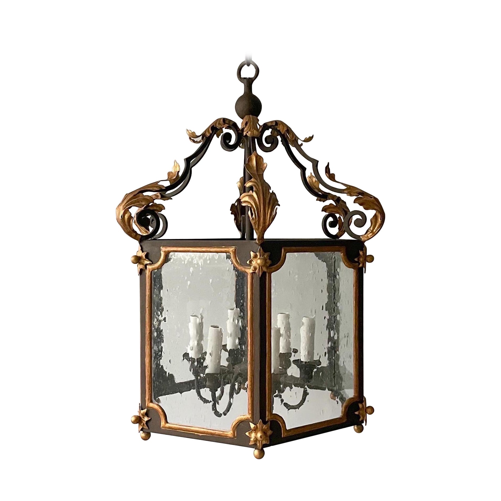 French-Style Painted And Parcel-Gilt Iron Lantern For Sale