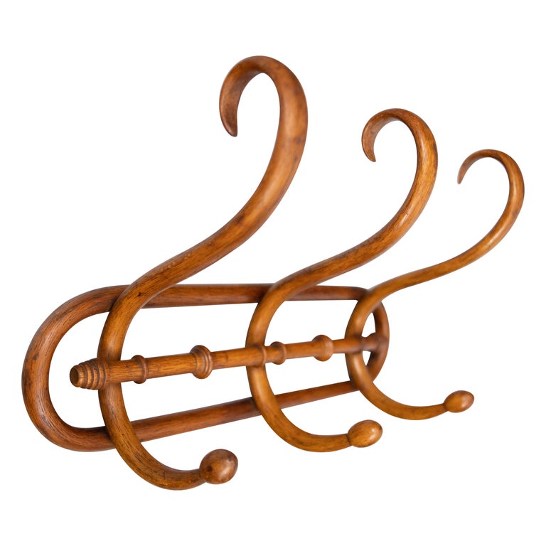 Antique French Style Elm Bentwood Coat and Hat Rack For Sale at