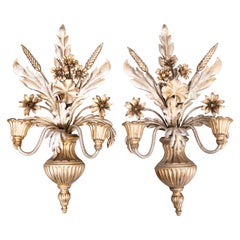 Pair of Mid-Century Italian Silver Gilt Tole Floral Wheat Candle Sconces