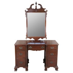 Antique Chippendale Georgian Style Mahogany Kneehole Vanity Writing Desk Mirror