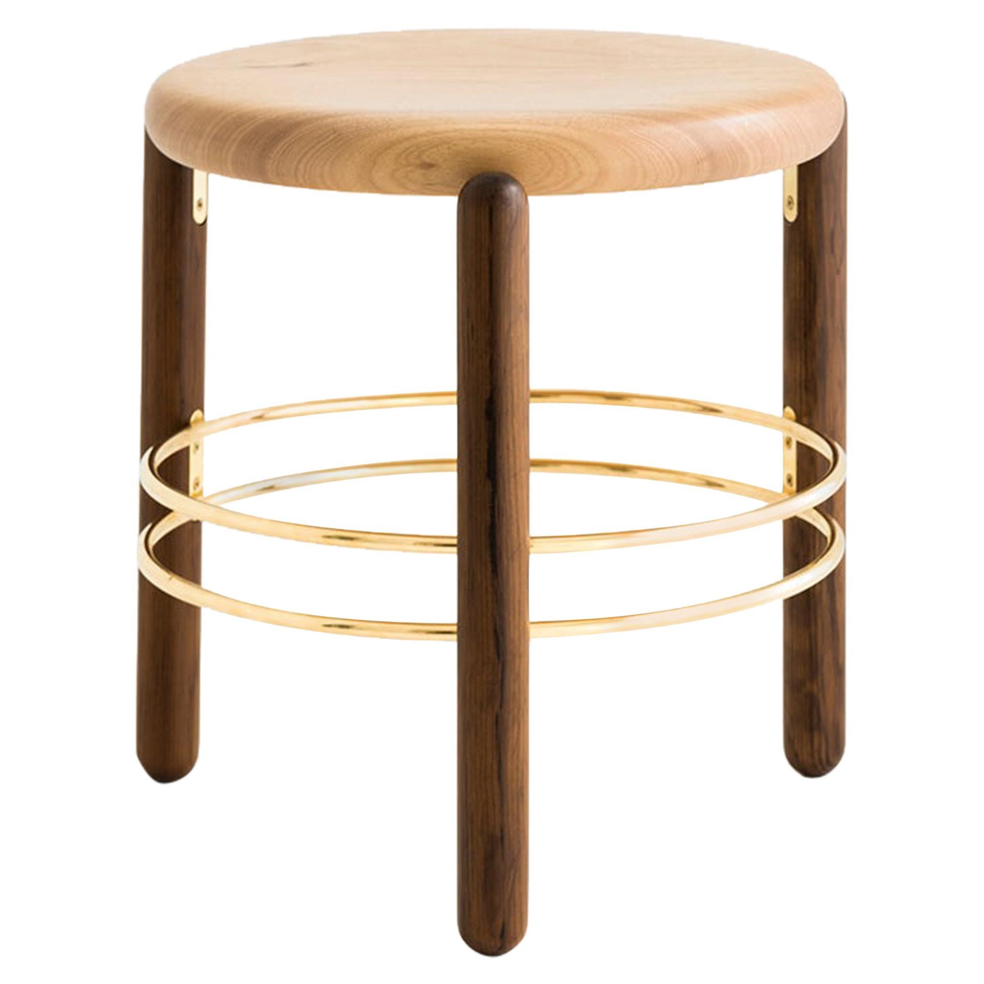 Brass and Wood Sculpted Stool by Leandro Garcia Contemporary Brazil Design For Sale