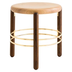 Brass and Wood Sculpted Stool by Leandro Garcia Contemporary Brazil Design