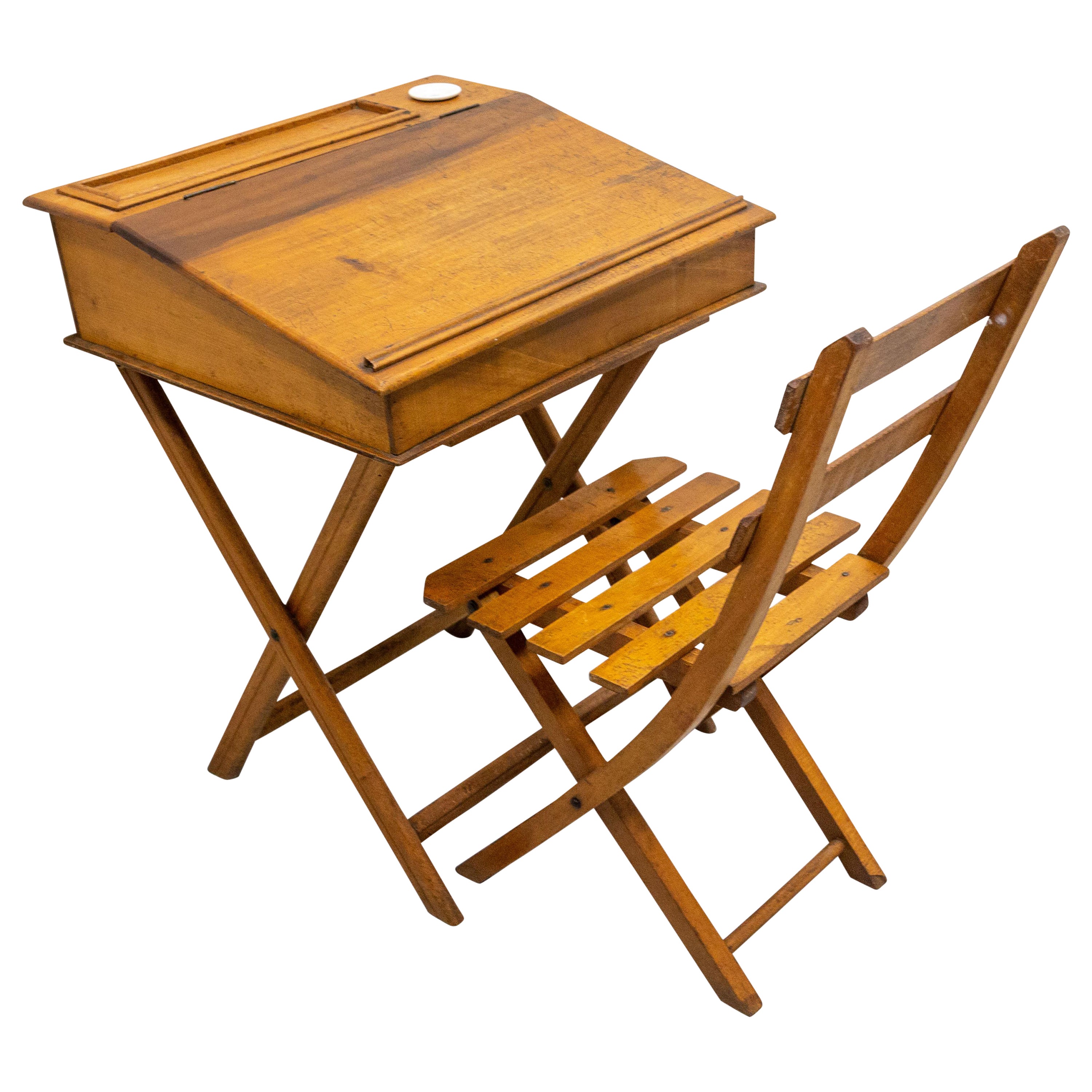 Child Beech Writing Table Slant Top Desk and Foldable Chair, France, Mid 20th C For Sale