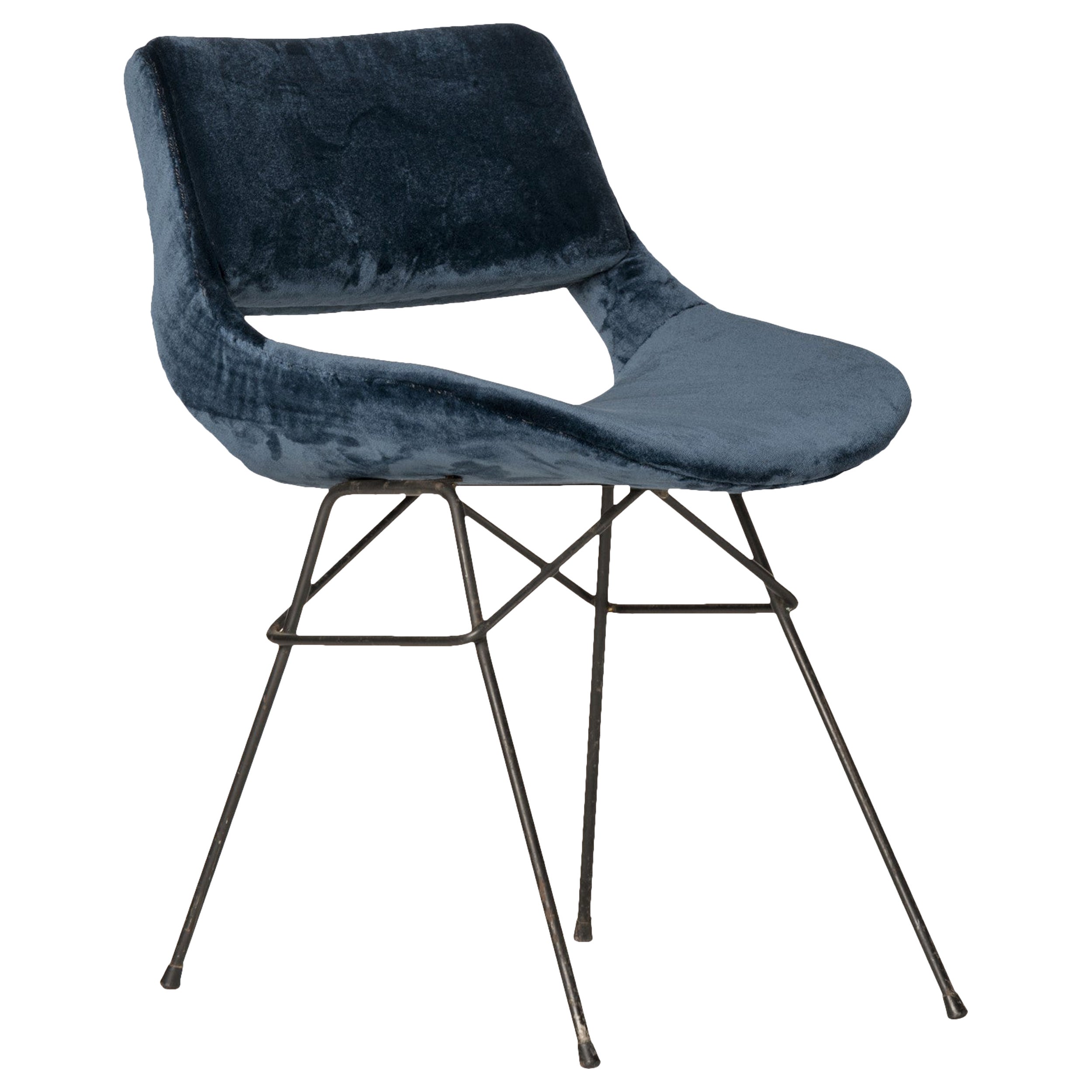 Single Louis Paolozzi Chair for ZOL Blue Velvet Upholstery, France, 1960's For Sale