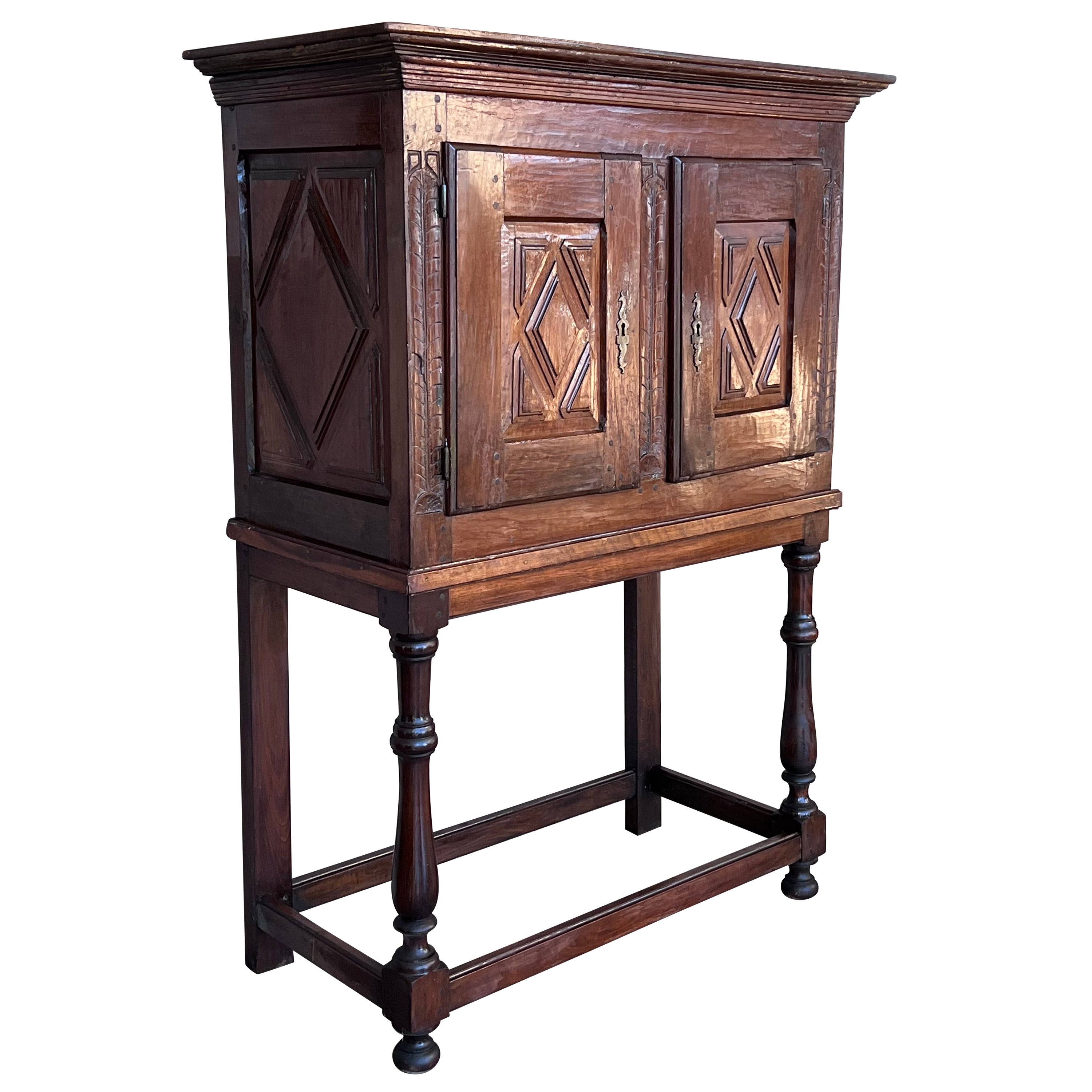 19th Catalan Spanish Cabinet on Stand in Carved Walnut and Iron Stretcher For Sale