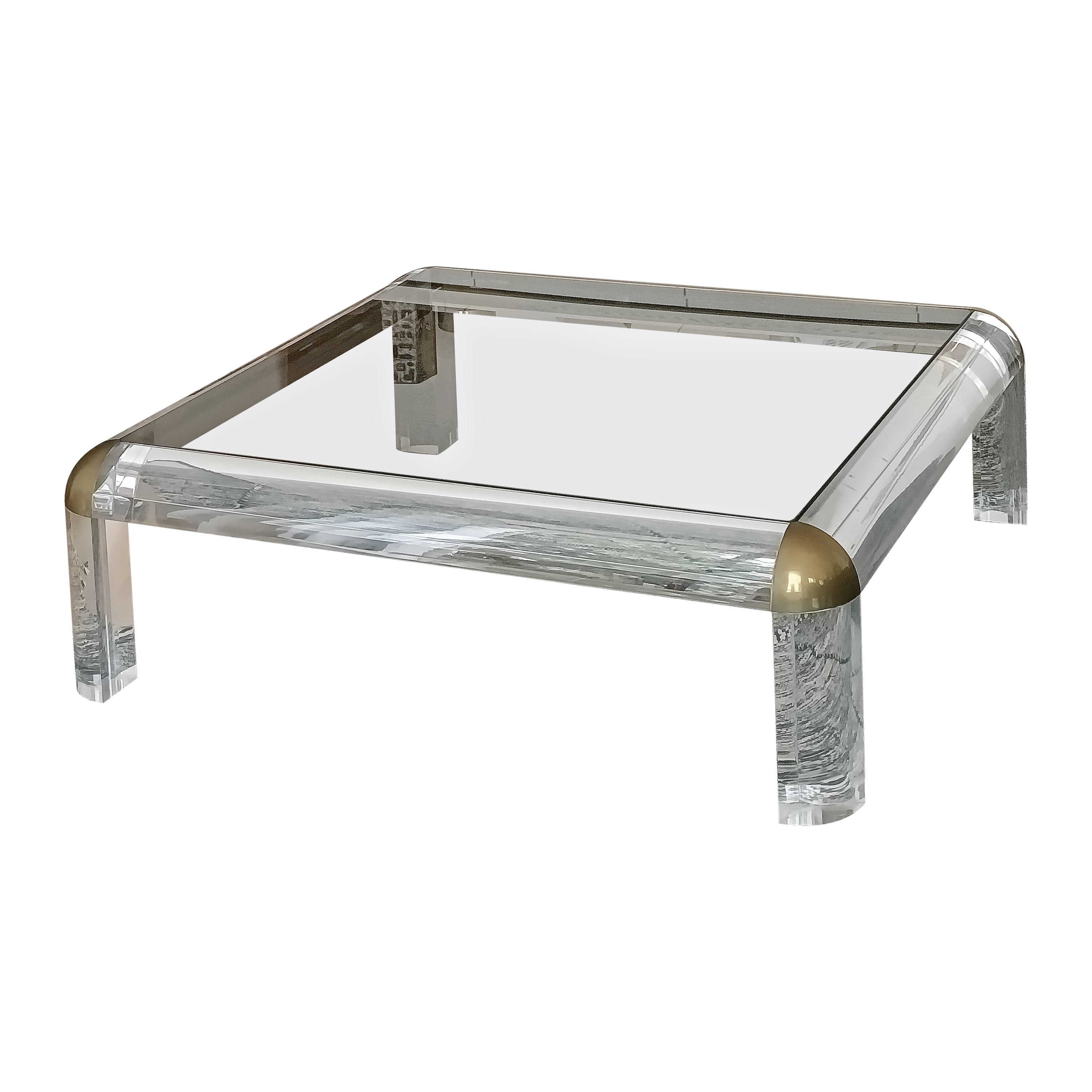 Square coffee table in brass and Lucite smoked glass Karl Springer style 70s  For Sale