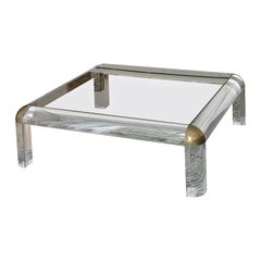 Vintage Square coffee table in brass and Lucite smoked glass Karl Springer style 70s 