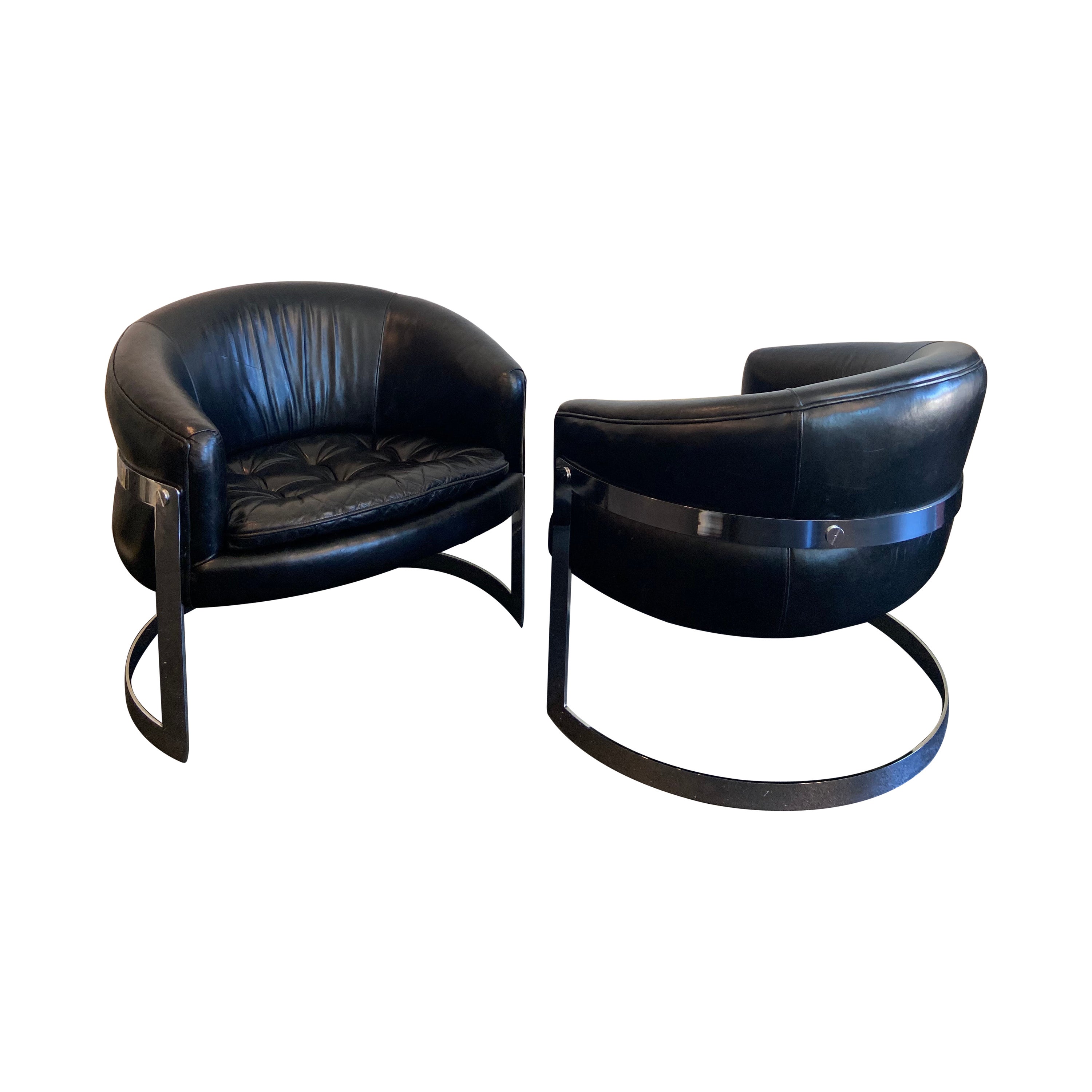 Flair Milo Baughman Style Chrome Cantilever Lounge Chairs In Leather- a Pair