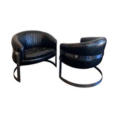 Milo Baughman Chrome Cantilever Lounge Chairs In Leather- a Pair