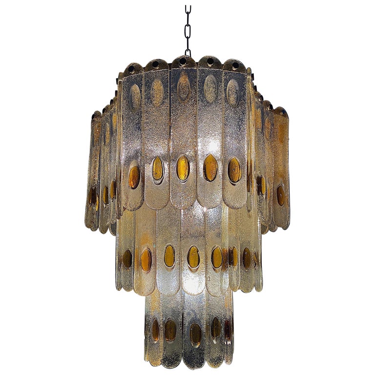 Grand lustre italien de Murano en verre ambré et transparent Mazzega ...