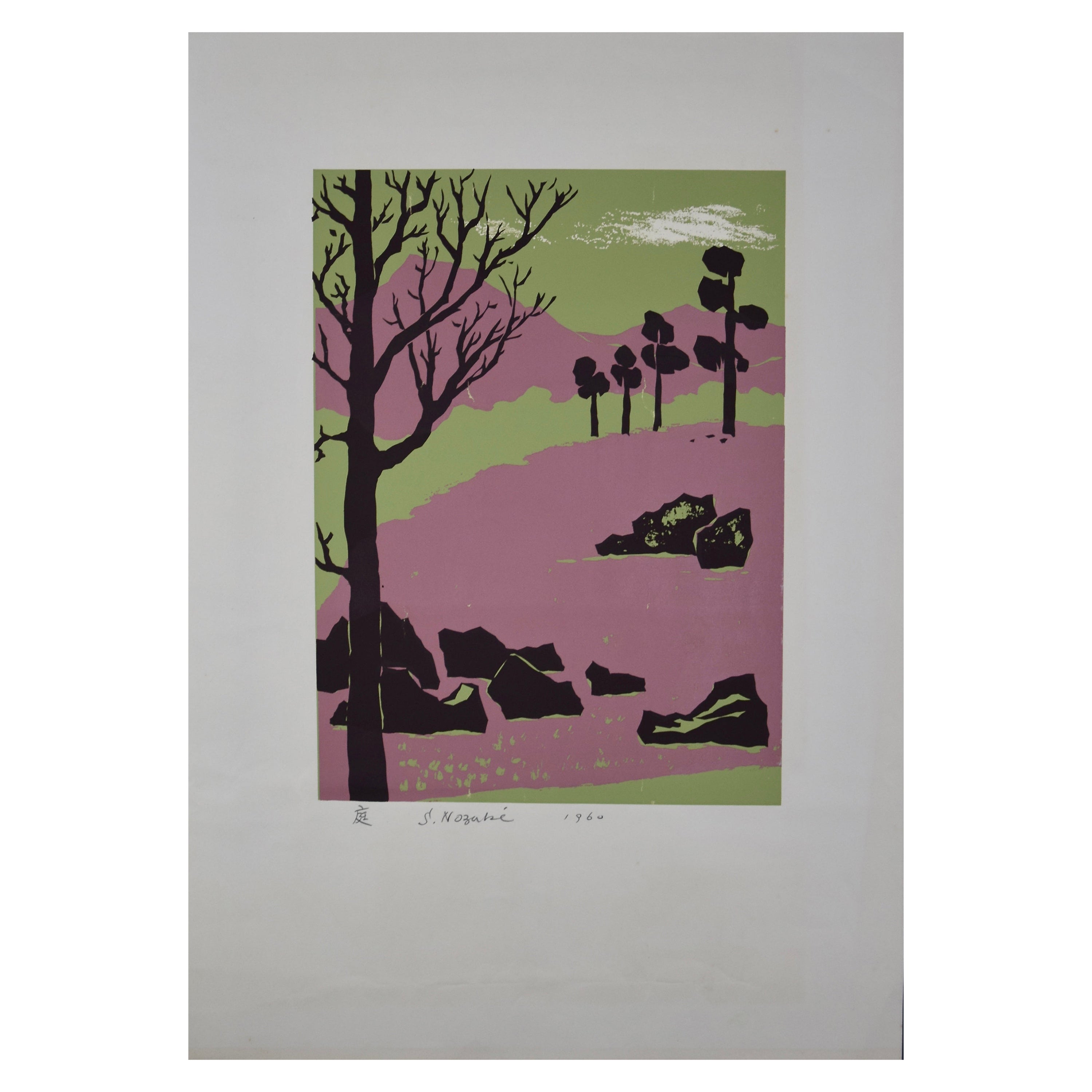 Japanese Mid-Century Modern Woodblock Print by S. Nozaki For Sale