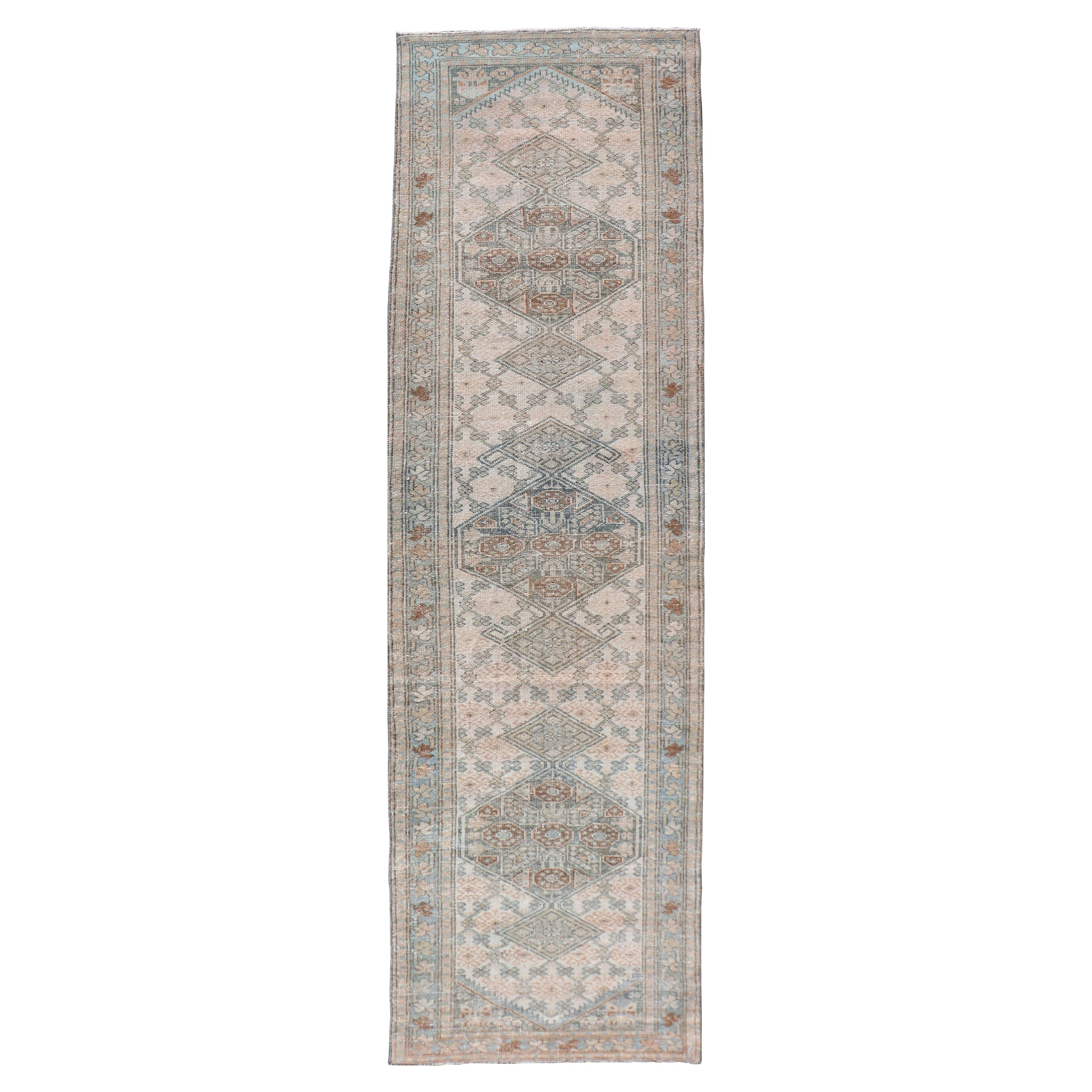 Antique Persian Sarab Runner with Sub-Geometric Design in Light Blue, Tan, Grey