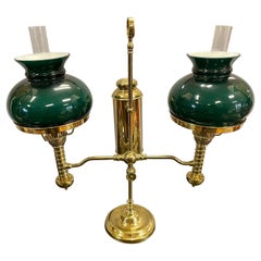 English Brass Double Arm Lamp with Green Hurricanes Glass Shades