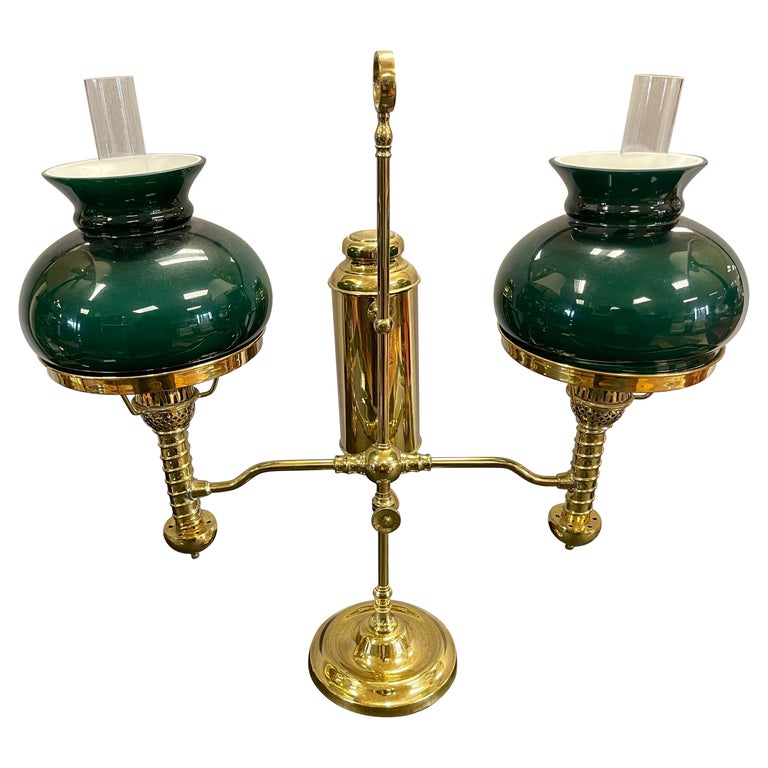 English Brass Double Arm Lamp with Green Hurricanes Glass Shades For
