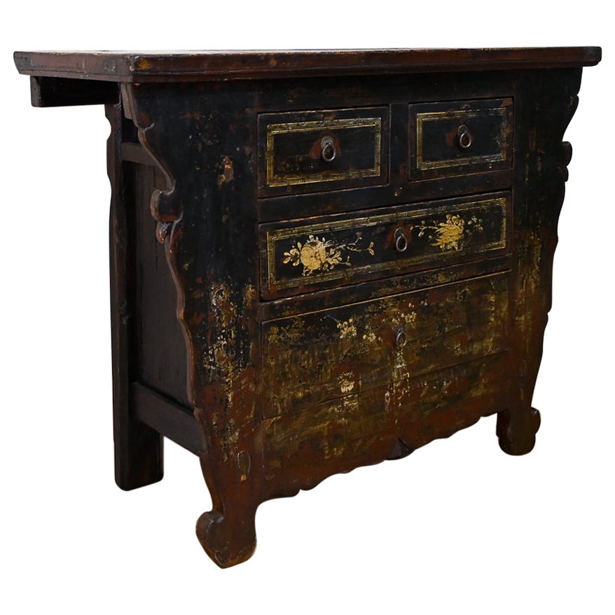 Late 19th Century Black Lacquer Chinese Butterfly Cabinet, Shanxi Sideboard For Sale