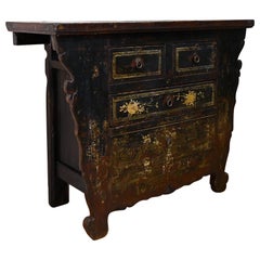 Antique Late 19th Century Black Lacquer Chinese Butterfly Cabinet, Shanxi Sideboard