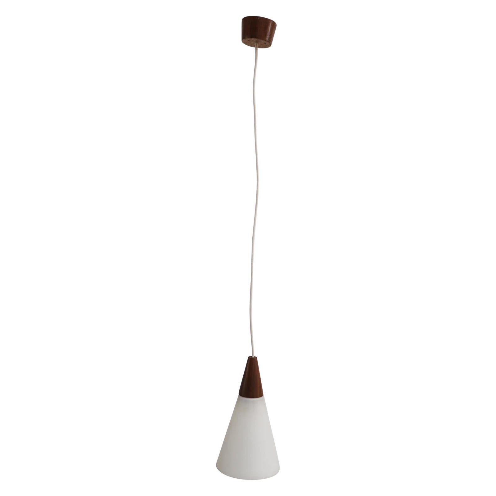 Midcentury Danish Teak and Milk Glass Cone Pendant Light with Teak Canopy For Sale