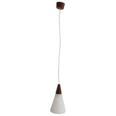 Mid-Century Danish Teak and Milk Glass Cone Pendant Light with Teak Canopy