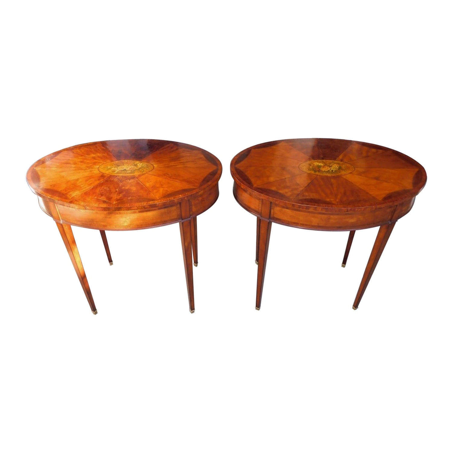 Pair of English Oval Satinwood & Ebony Inlay Flower Basket Console Tables C 1840 For Sale