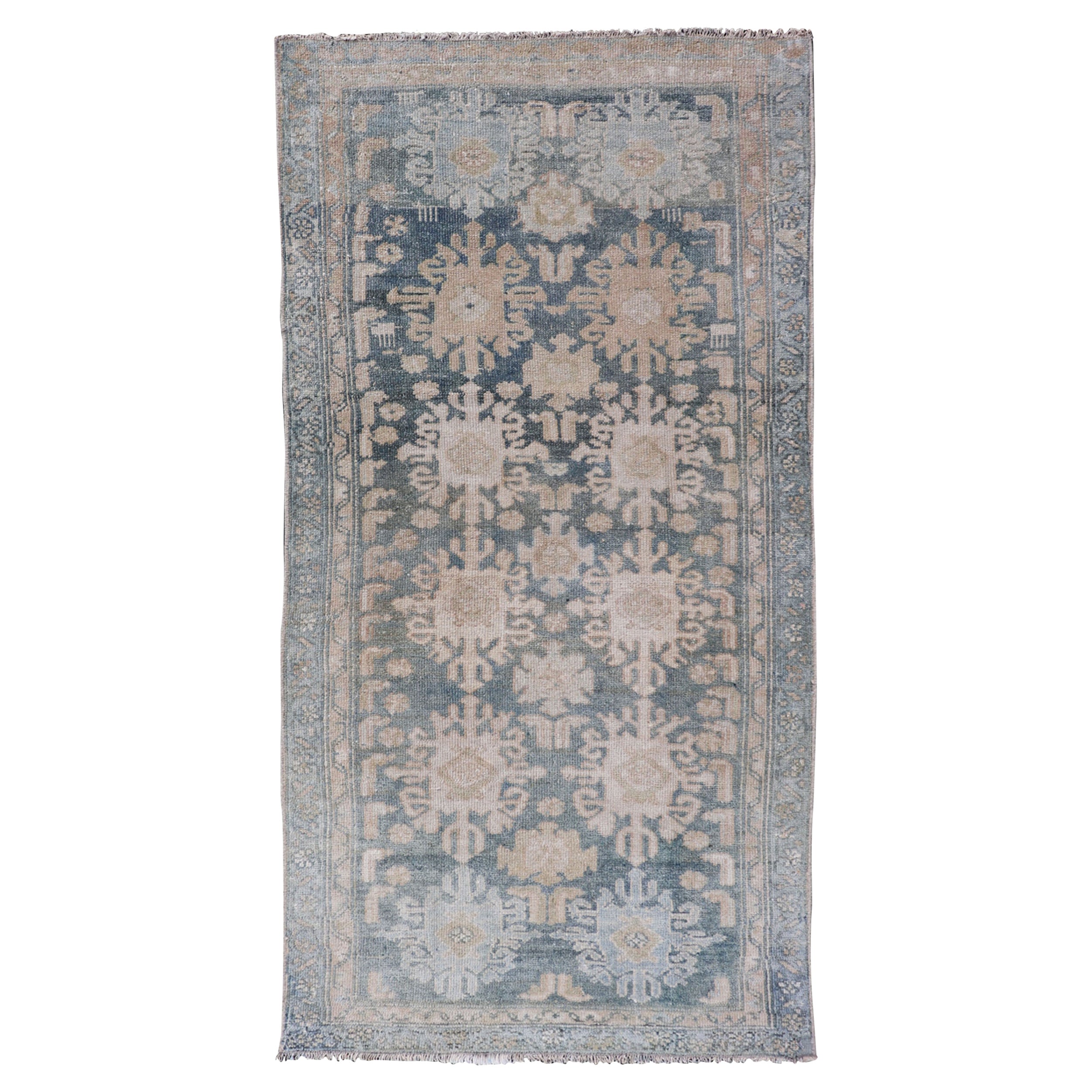 Antique Persian Malayer Rug with Sub-Geometric Design in Soft Blue and Cream For Sale