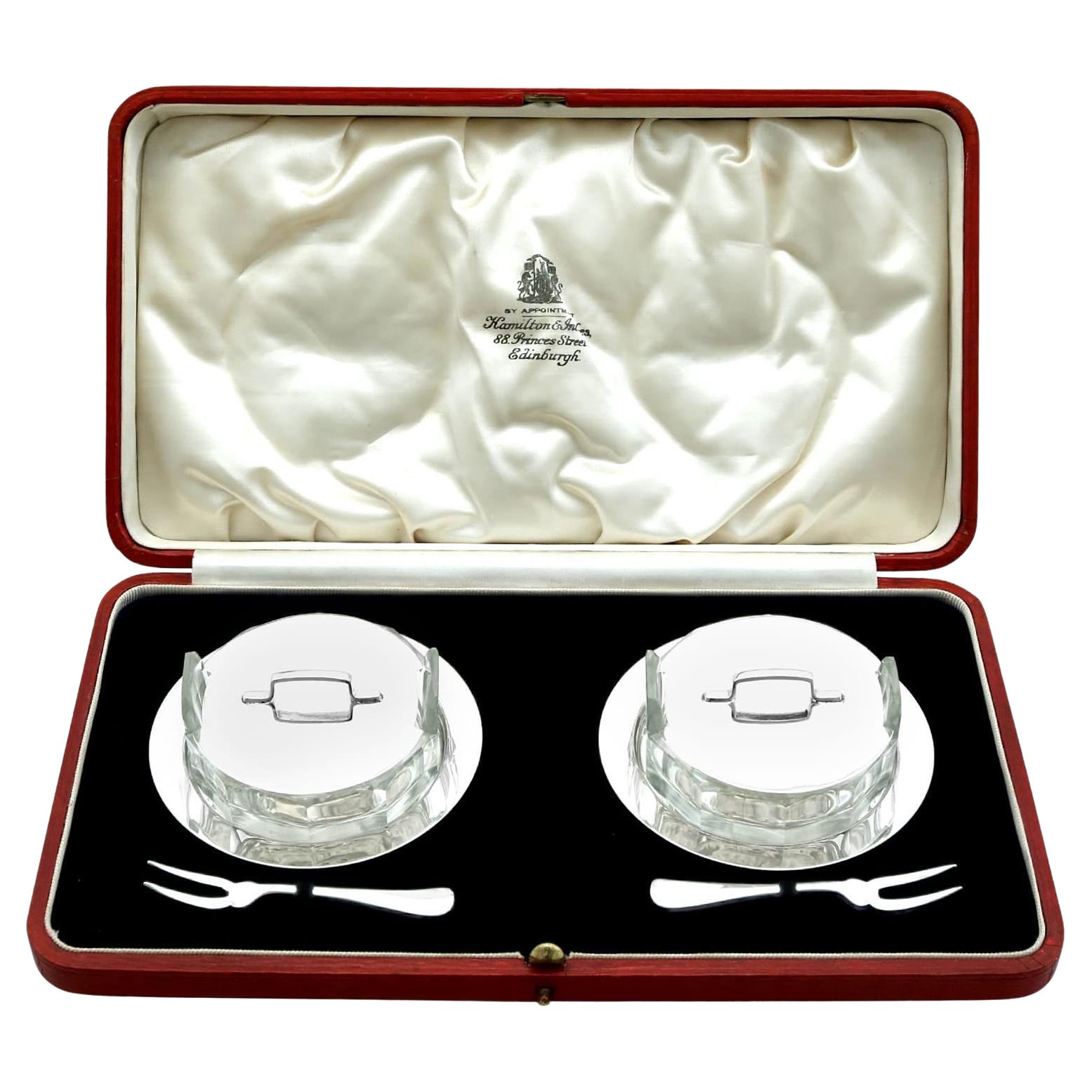 Antique Scottish Sterling Silver Glass Hors D'oeuvre Dish Set For Sale