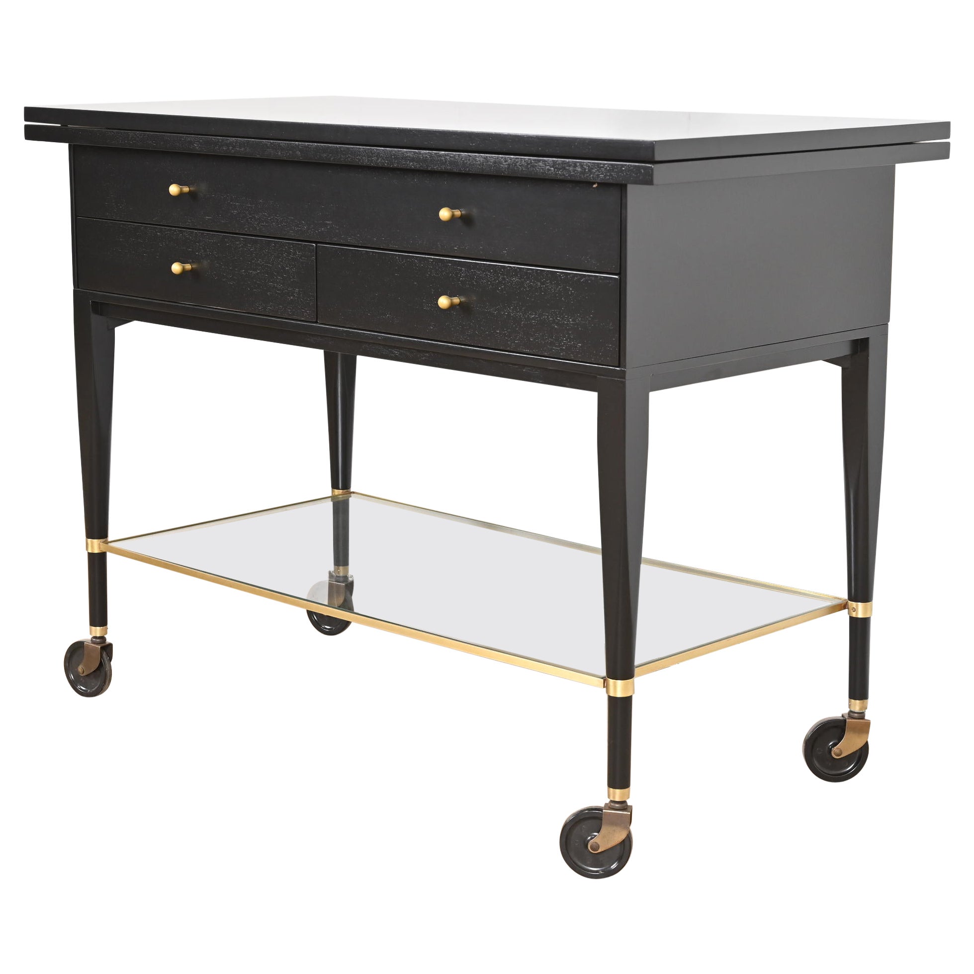 Paul McCobb for Directional Black Lacquered Flip Top Server Bar Cart, Refinished