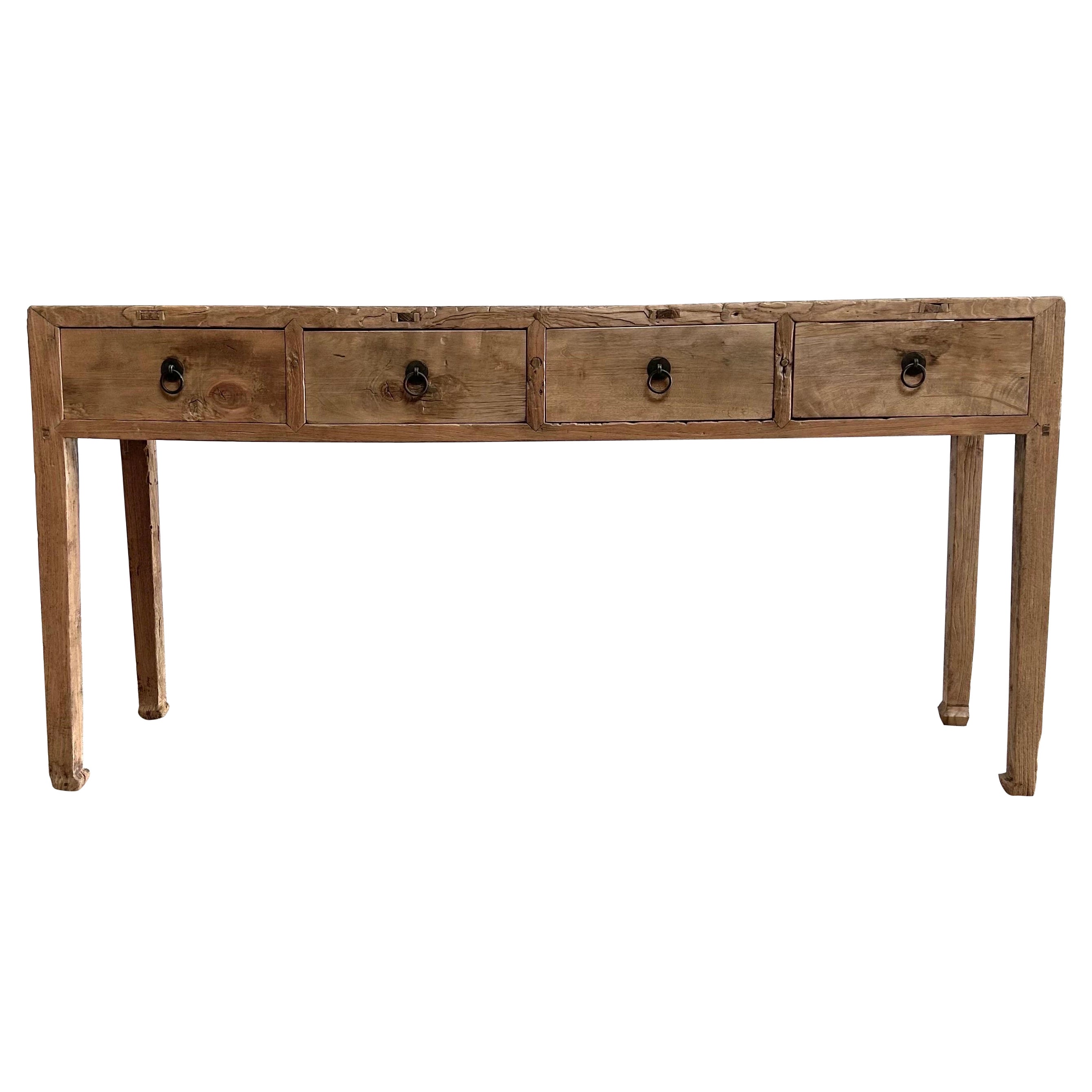 Vintage Elm Wood Console Table with 4 Drawers at 1stDibs
