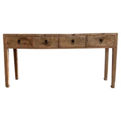 Vintage Elm Wood Console Table with 4 Drawers