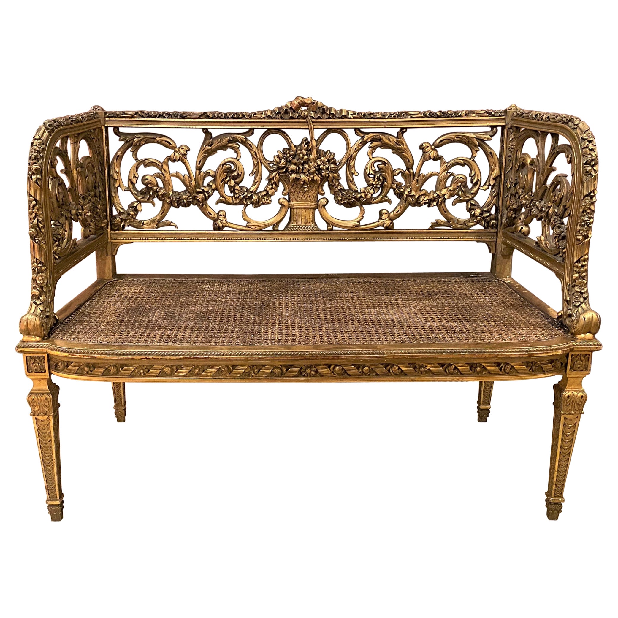 French Louis XVI Style Gilt Carved Back Settee with Caned Seat
