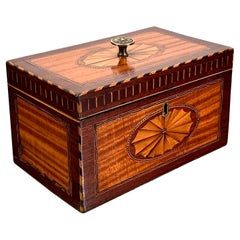 Antique Tea Caddy Mahogany Satinwood, Ebony, Rosewood Boxwood Inlaid English George III