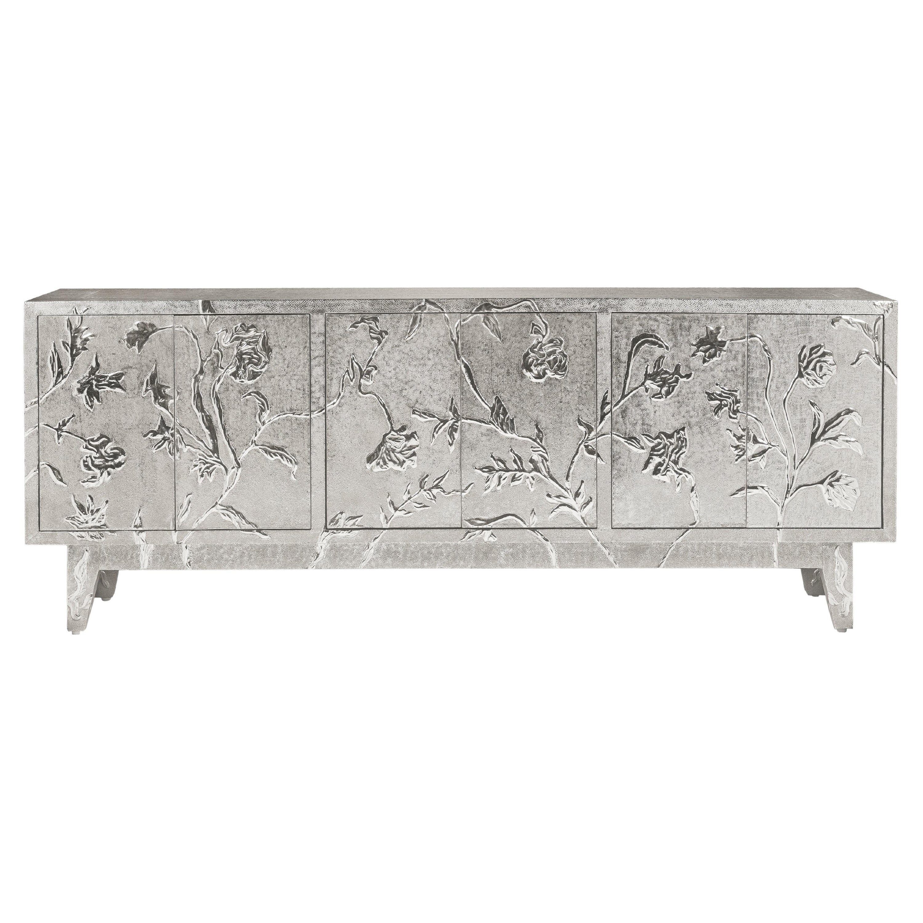 Modern Floral Hand Carved Credenza in White Bronze Clad on Wood by Paul Mathieu For Sale