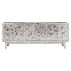 Modern Floral Hand Carved Credenza in White Bronze Clad on Wood by Paul Mathieu