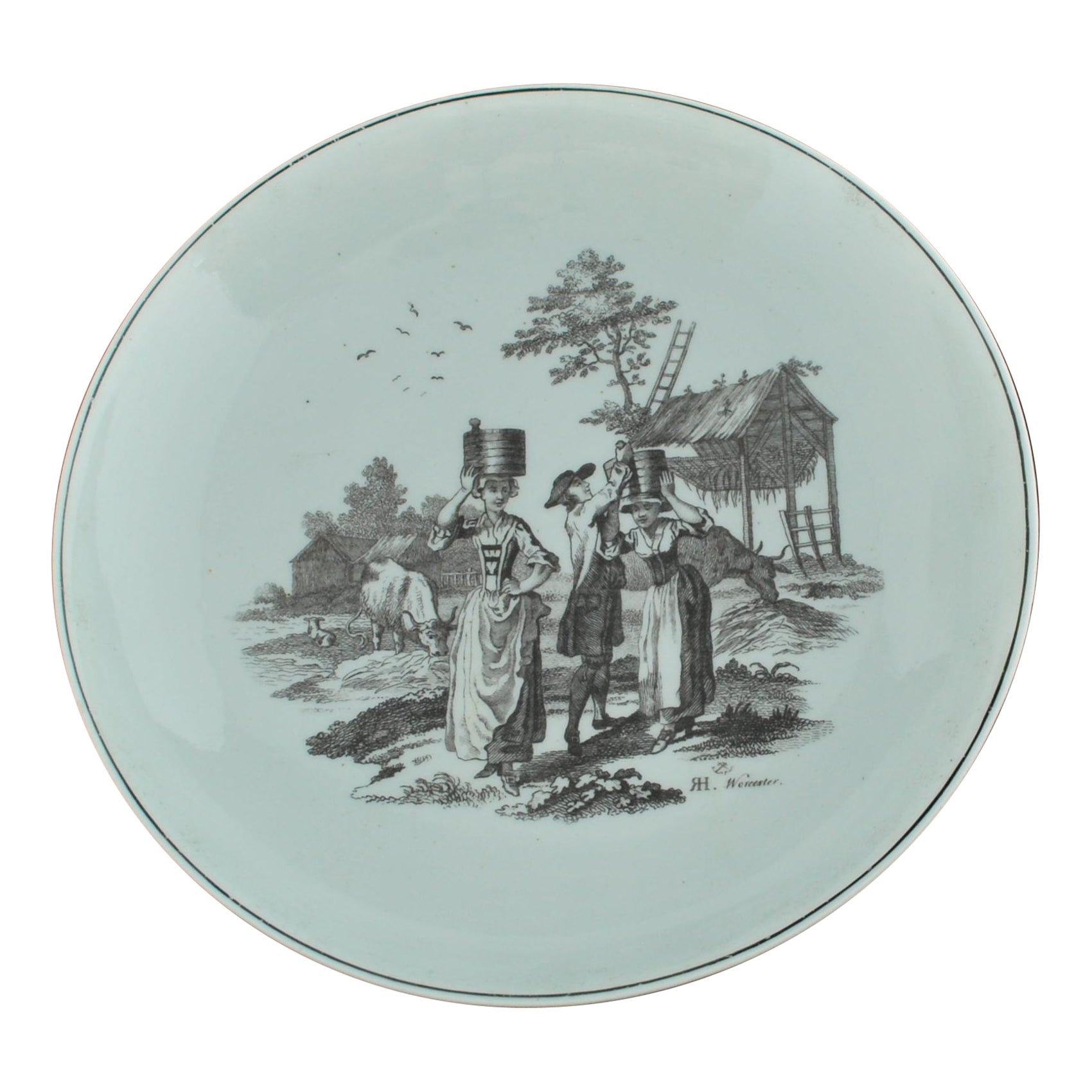 Saucer Dish, "Milkmaids" Pattern with Double Rebus, Worcester, circa 1757 For Sale