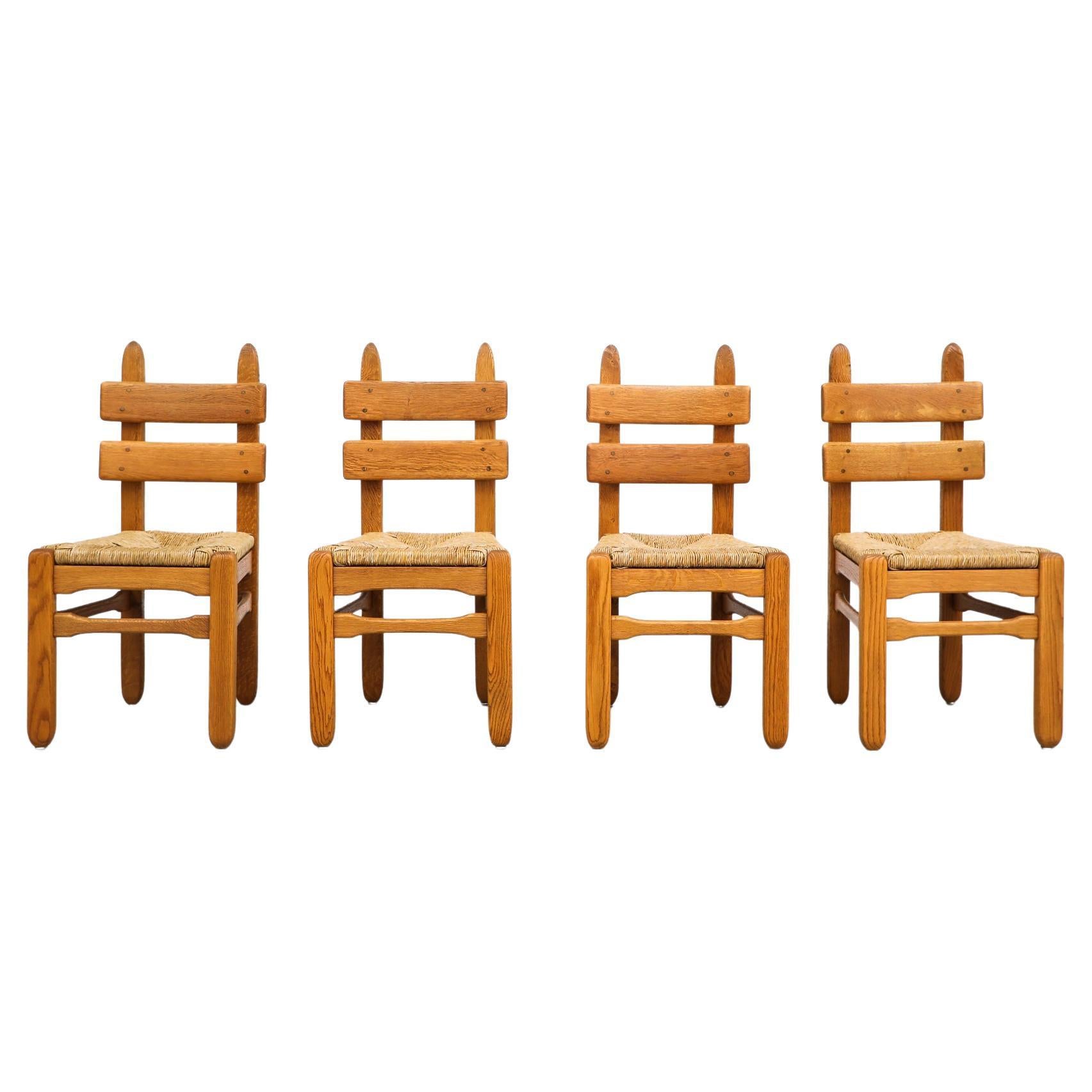 Set of 4 Brutalist DePuydt Attributed Heavy Oak Dining Chairs with Rush Seats