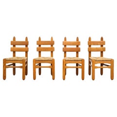 Set of 4 Brutalist DePuydt Attributed Heavy Oak Dining Chairs with Rush Seats