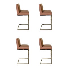 Brueton Polished Steel and Leather Bar Stools, set of 4, 1990s