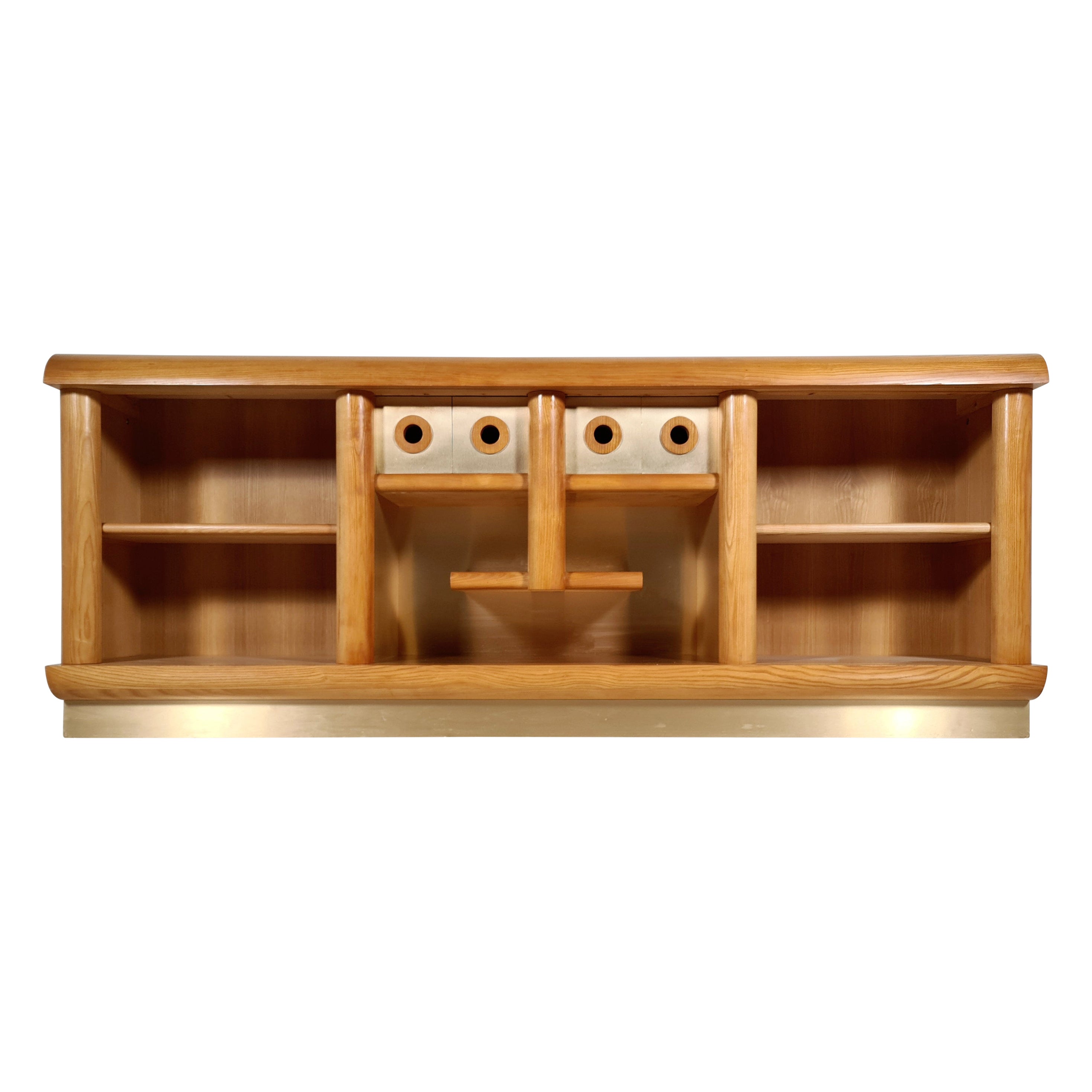 Sideboard/Credenza in Oak and Brushed Brass, Italy, 1970s