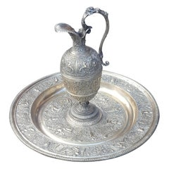 "Temperance" Ewer and Its Basin in Silver Bronze, After François Briot, Xixth Ce