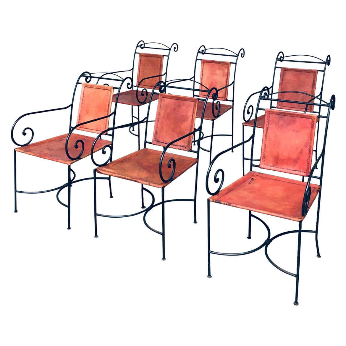 Wrought Iron and Cognac Leather Swirl Dining Chair Set, Spain, 1960's For Sale